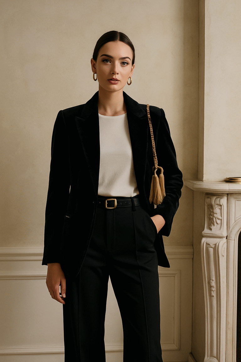 Woman in black velvet blazer and monochrome look with gold chain accents – Veloré Fall Capsule 2025