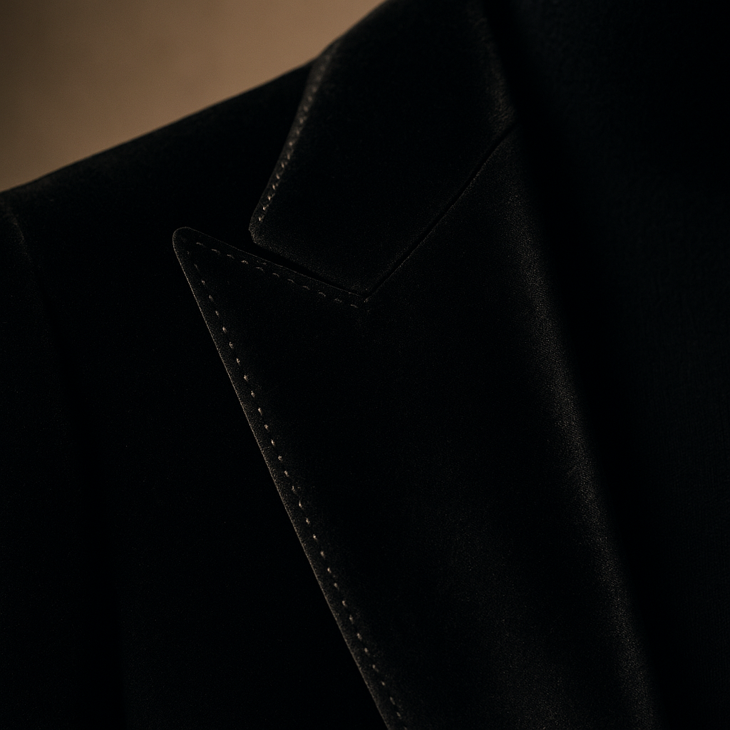 Close-up of a hand-tailored velvet lapel under soft light, showing fine stitching and subtle sheen.