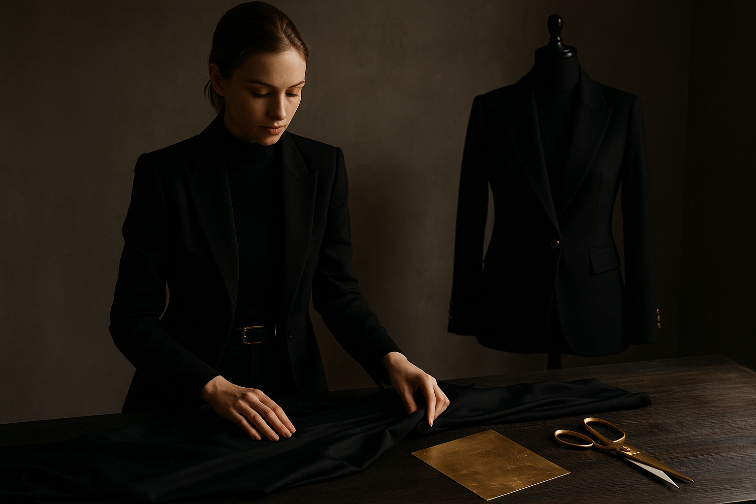 Designer working on a black velvet garment in a dimly lit studio with gold accents.