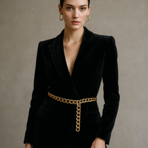 Close-up detail of velvet fabric and gold chain accent.