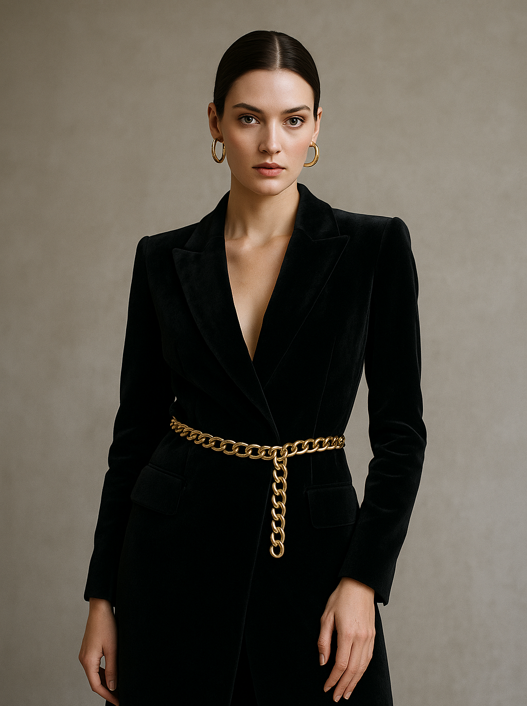 Close-up detail of velvet fabric and gold chain accent.